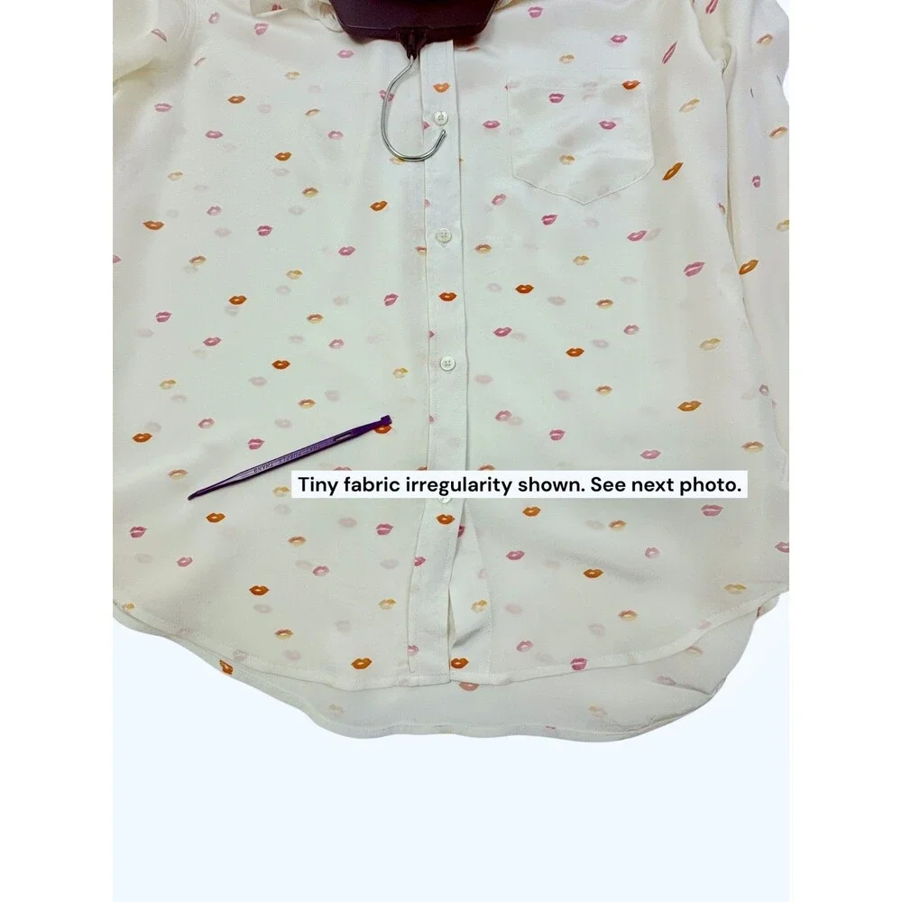 Rails Kate Silk Blouse Ivory Pink Lips Print Button Front Pocket Shirt M
